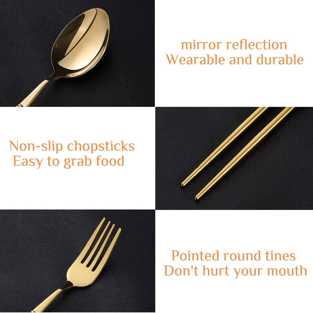 HASTHIP® Premium Gold Stainless Steel 410 Fork Spoon 6 Piece Set Spoon Fork Chopsticks Outdoor Gift Set Flatware with Gift Box Dinnerware Cutlery Tableware (Black Gold) Mother's Day Gifts