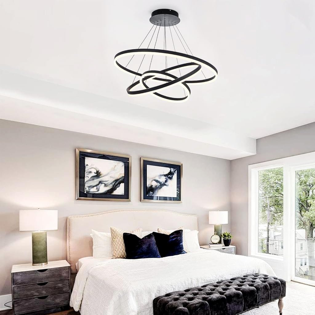 ELEPHANTBOAT LED Chandelier for Living and Dining Rooms with 3 Rings 55W Dimmable Light | Remote Control Adjustable Black Pendant
