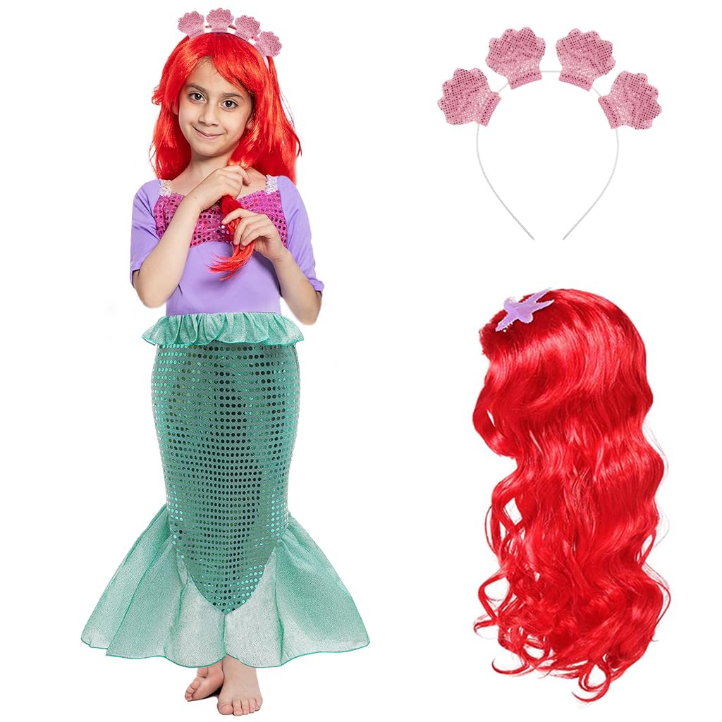 Venzina® Mermaid Princess Costume for Girls Cosplay Suit with Wig and Headband Kids Role Play Dress Up Costume Halloween Party Birthday Costume for Girls 4-5 Years Old