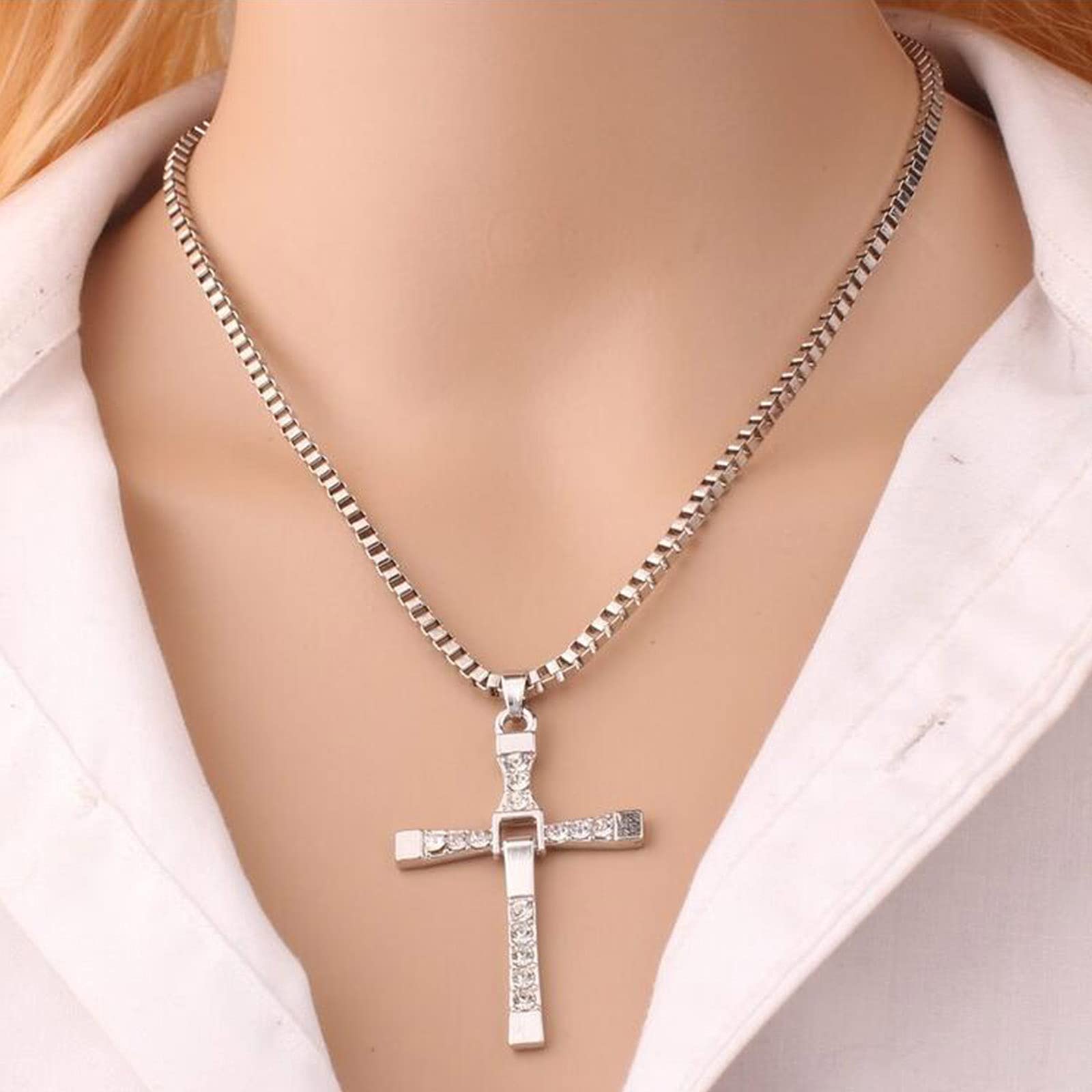 SANNIDHI Silver Cross Pendant Necklace for Fans | 24 in Chain with Rhinestone Details