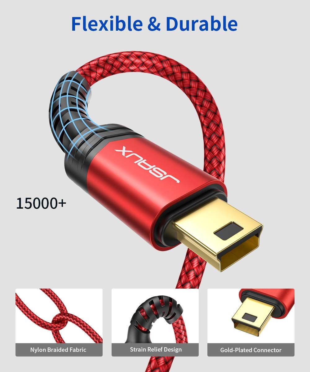 JSAUX Type C to Mini USB Cable for GoPro and Camera | 6.6 ft Nylon Braided with Gold Connectors