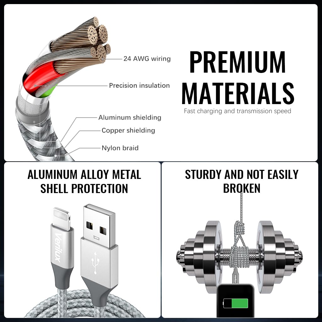 Verilux® USB A to Light-ning Cable for iPhone 10ft Charging Cable Data Cable USB A to Light-ning Cable USB to Light-ning Data Cable Long Braided Nylon Type C Cable for iOS System Devices