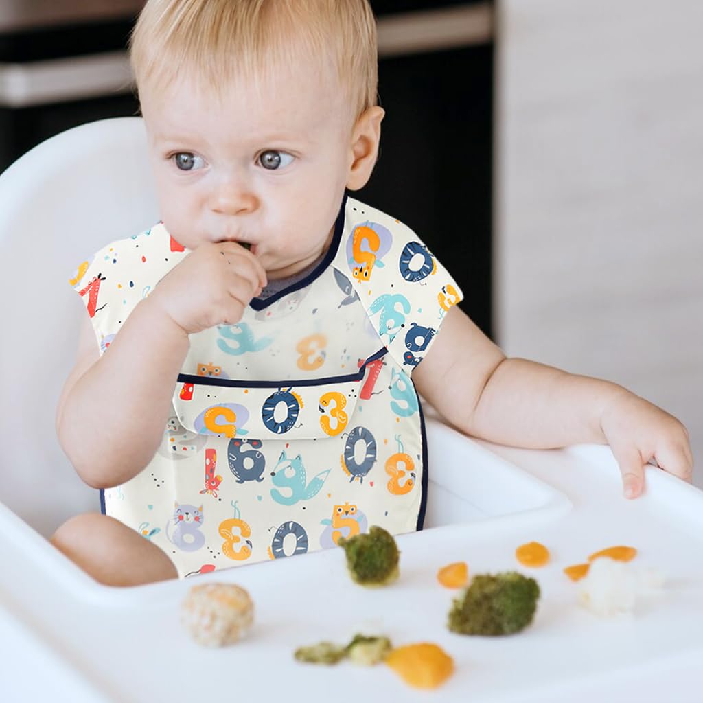 SNOWIE SOFT Sleeveless Baby Bib with Pocket Summer Toddler Bib Washable and Lightweight Waterproof EVA Baby Bib Tie Back Cartoon Print Toddler Bibs for Baby 6-24 Months