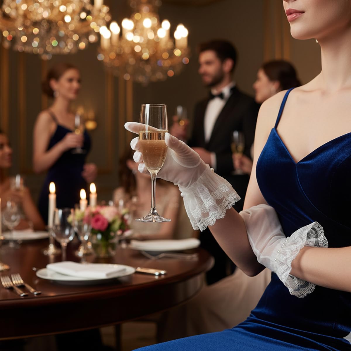 SANNIDHI Short Bridal Gloves for Wedding with Lace Trimmed Pearl Cuffs and Sheer Tulle | Elegant Accessory for Bridal Photography