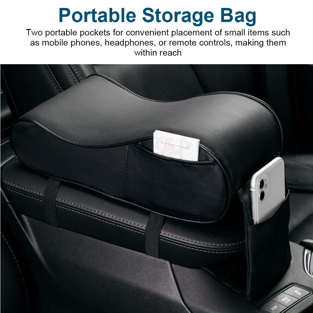 ZIBUYU Car Armrest Cushion Pad for Center Console with Quick Release Buckle and Side Pockets | Soft PU Black