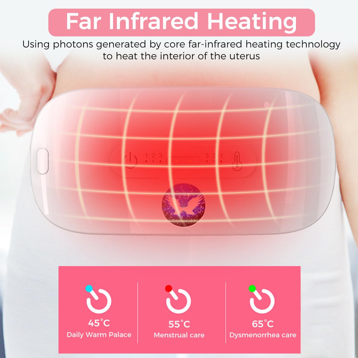 HANNEA® Electric Heating Pad for Period Cramps Women, Girl Portable Cordless Back Pain Relief Belt, Belly Warmer Heating Pad with 3 Heat Levels & 3 Massage Modes Menstrual Heating Pad for Women - Pink