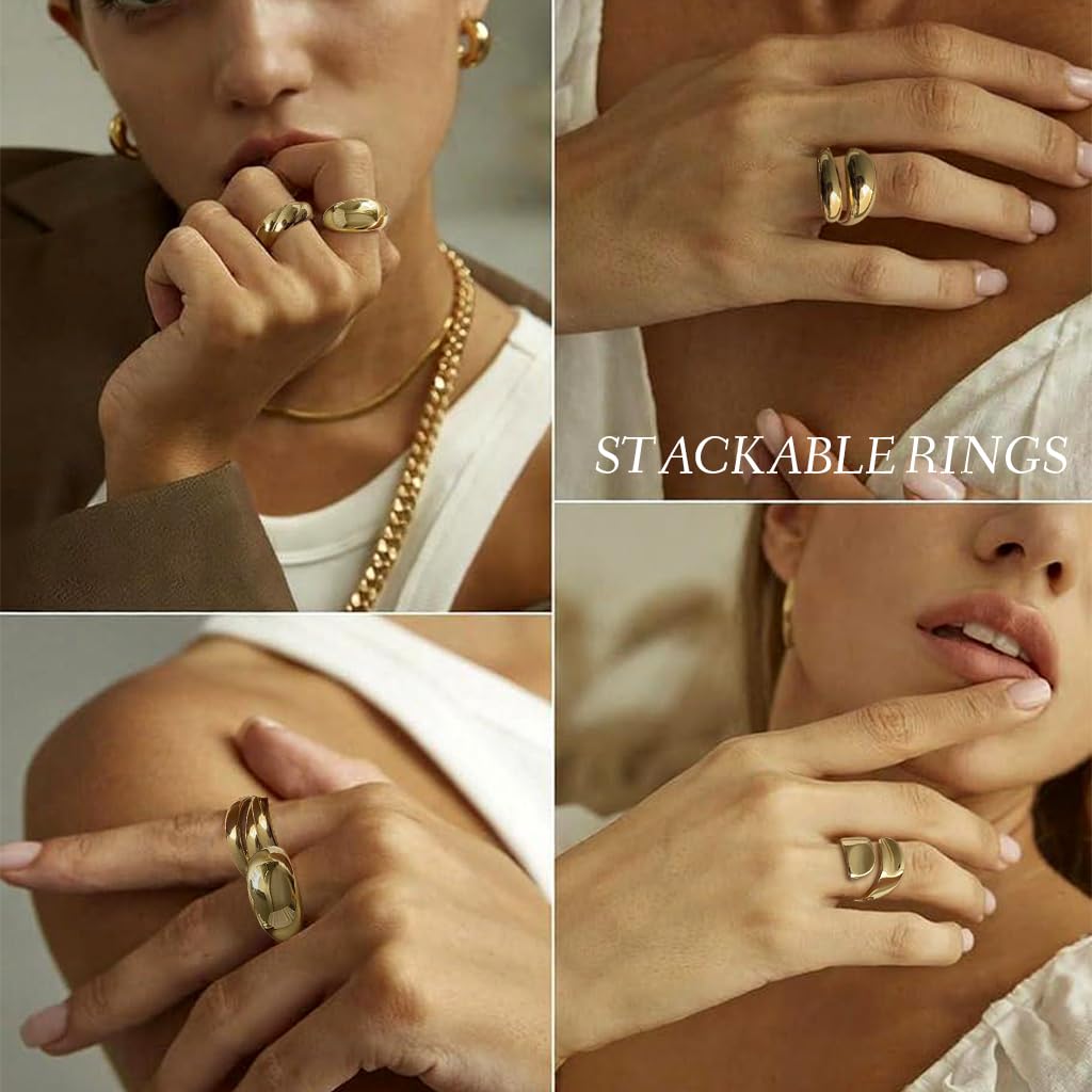 SANNIDHI Rings Set for Women with Adjustable Open Structure and Golden Alloy Finish | 6Pcs Stackable Chunky Design