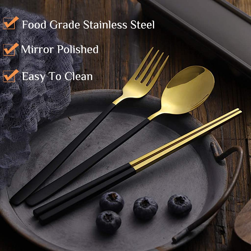 HASTHIP® Premium Gold Stainless Steel 410 Fork Spoon 6 Piece Set Spoon Fork Chopsticks Outdoor Gift Set Flatware with Gift Box Dinnerware Cutlery Tableware (Black Gold) Mother's Day Gifts