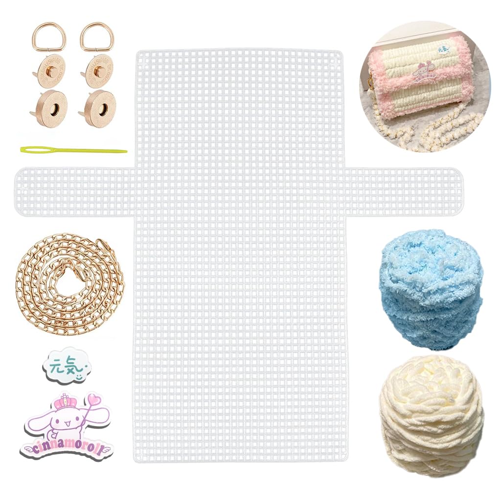 HASTHIP Plastic Mesh Canvas Sheets for DIY Kawaii Cinnamoroll Bag with Chenille Yarns | Embroidery and Crochet Craft Kit