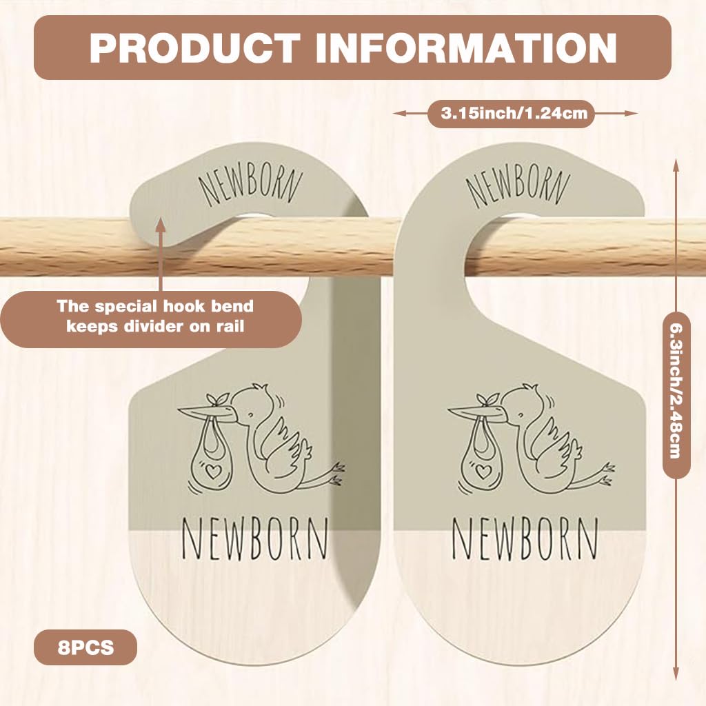 SNOWIE SOFT Baby Closet Dividers for Nursery Organization featuring Smooth Wooden Cartoon Design | 8pcs Hanging Size Markers for Newborn to 24 Months