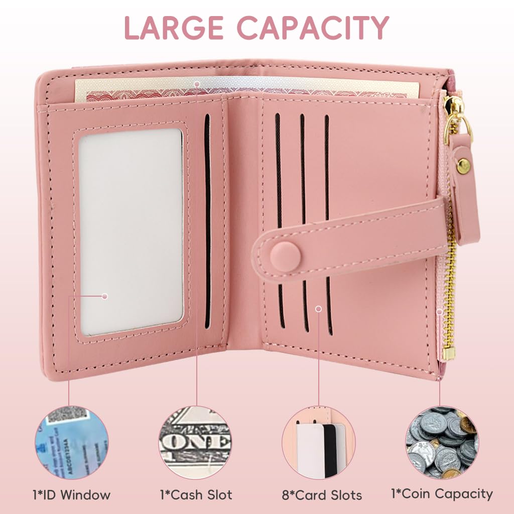ZIBUYU Women Purse with 8 Card Slots and Snap Button Closure 11.5x9cm Pink PU Wallet | Gift for Women