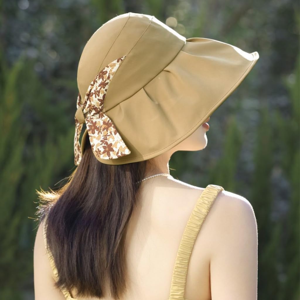 Zibuyu Sun Hat for Women with UPF 50 Wide Brim and Bowknot Tie | Packable Khaki Outdoor Style