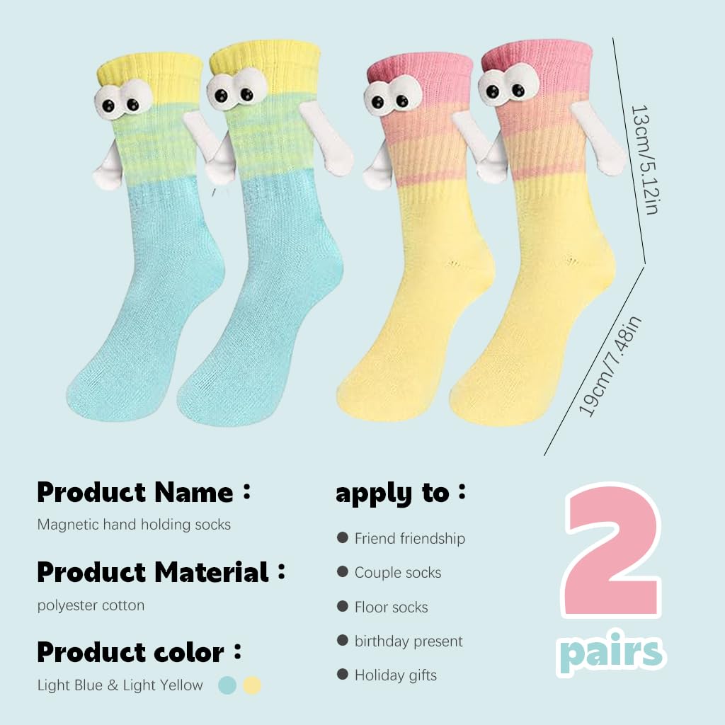 Venzina® 2 Pairs Holding Hands Socks for Women, Funny Cotton Socks for Men, Magnetic Suction Couple Floor Socks Ankle Socks, Teens Friends Socks Birthday Christmas Gift