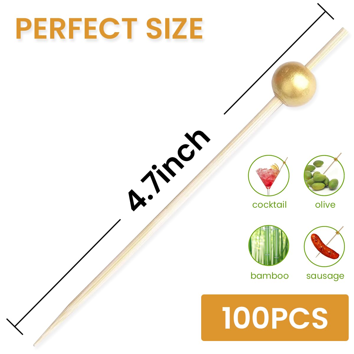 Supvox® 100Pcs Fruit Pick, Bamboo Toothpicks Fruit Garnish Sticks, Bamboo Toothpicks Party Supplies, Elegant Golden Bead Fruit Pick for Banquet, Party, Festivals Deli Food Picks Toothpicks (4.7 Inch)