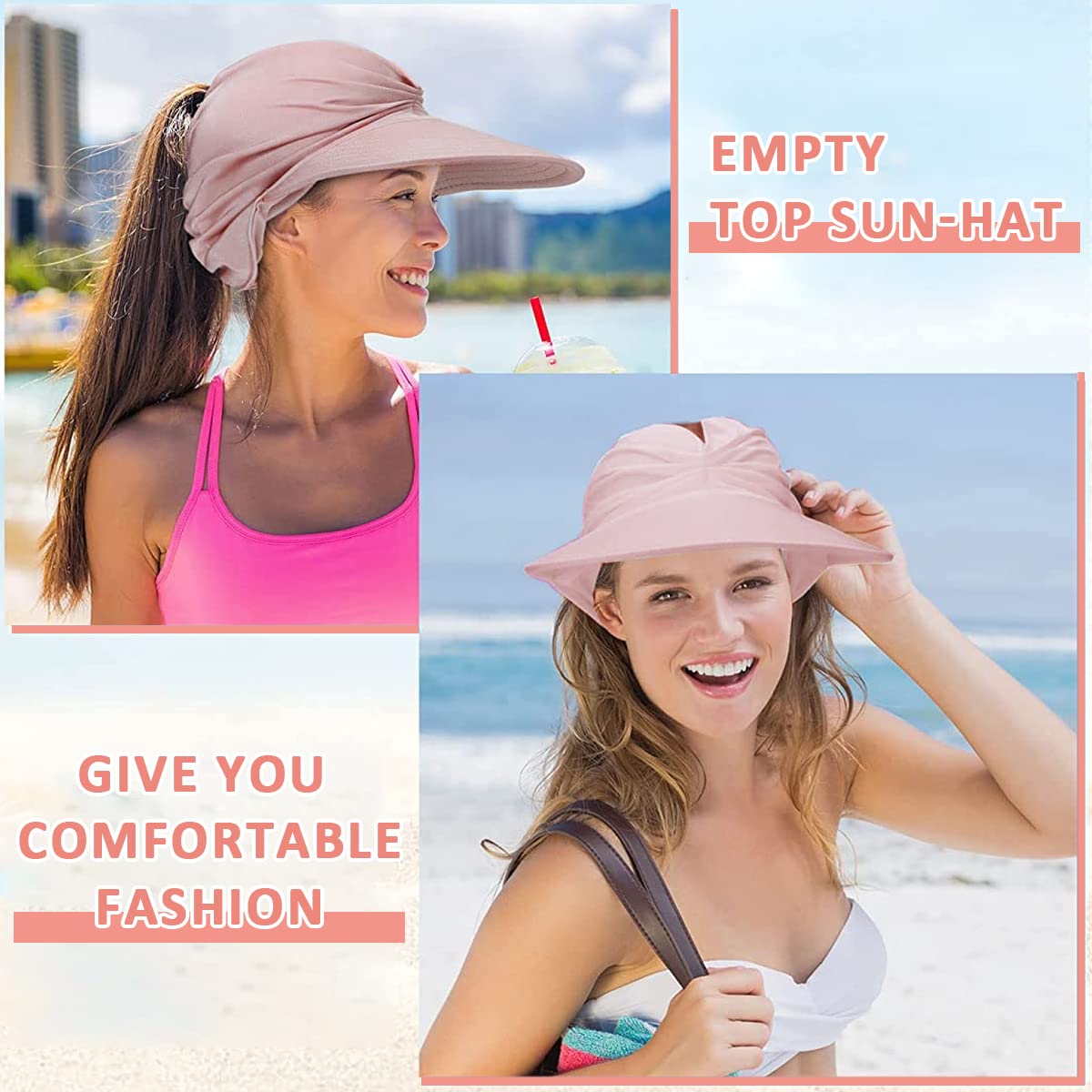 PALAY Sun Hat for Women featuring Wide Brim UV Protection and Pearl Embroidery | Adjustable Beige Visor for Beach and Summer Wear