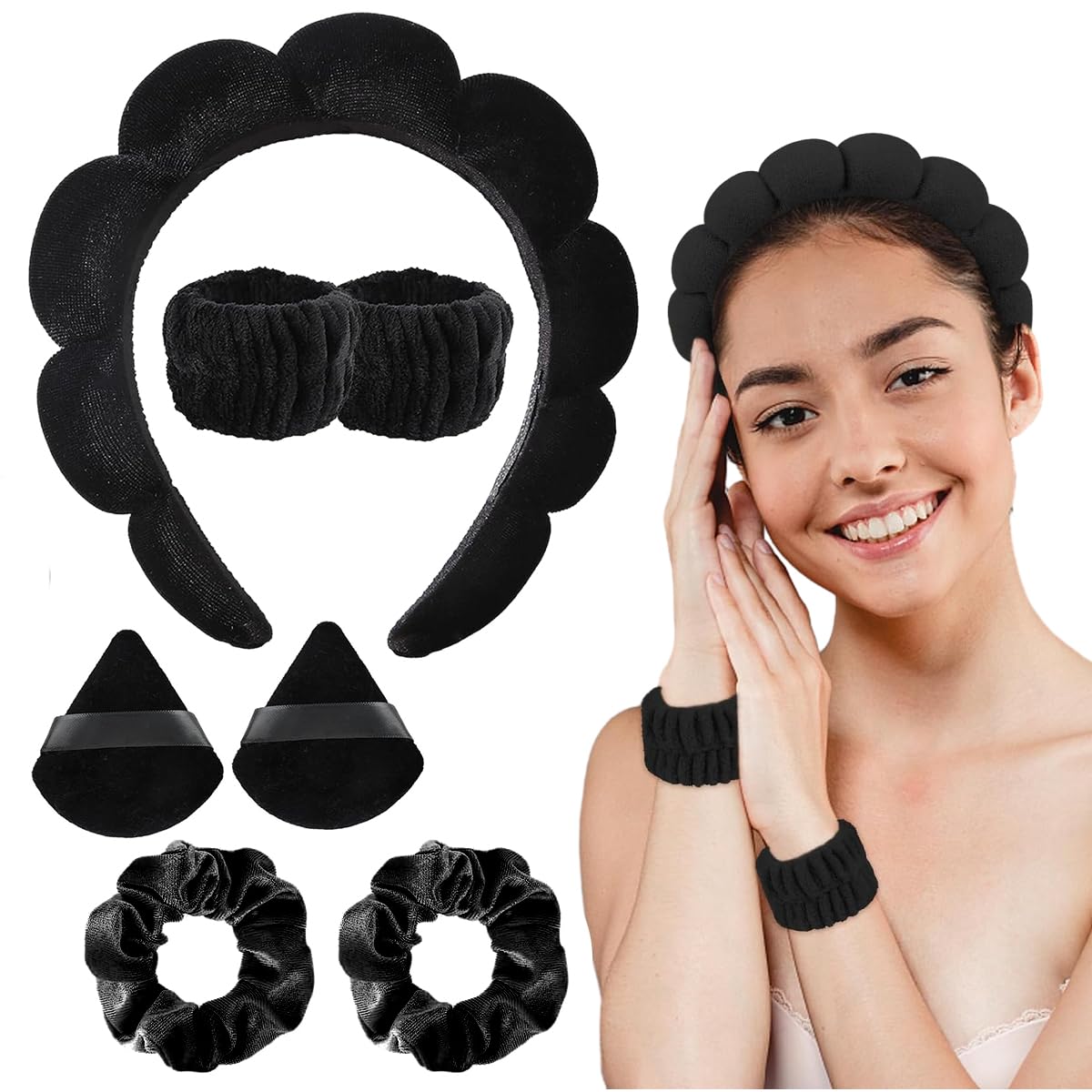 MAYCREATE Facial Headband Set for Skincare and Face Wash 7Pcs with Flannel Bands | Black