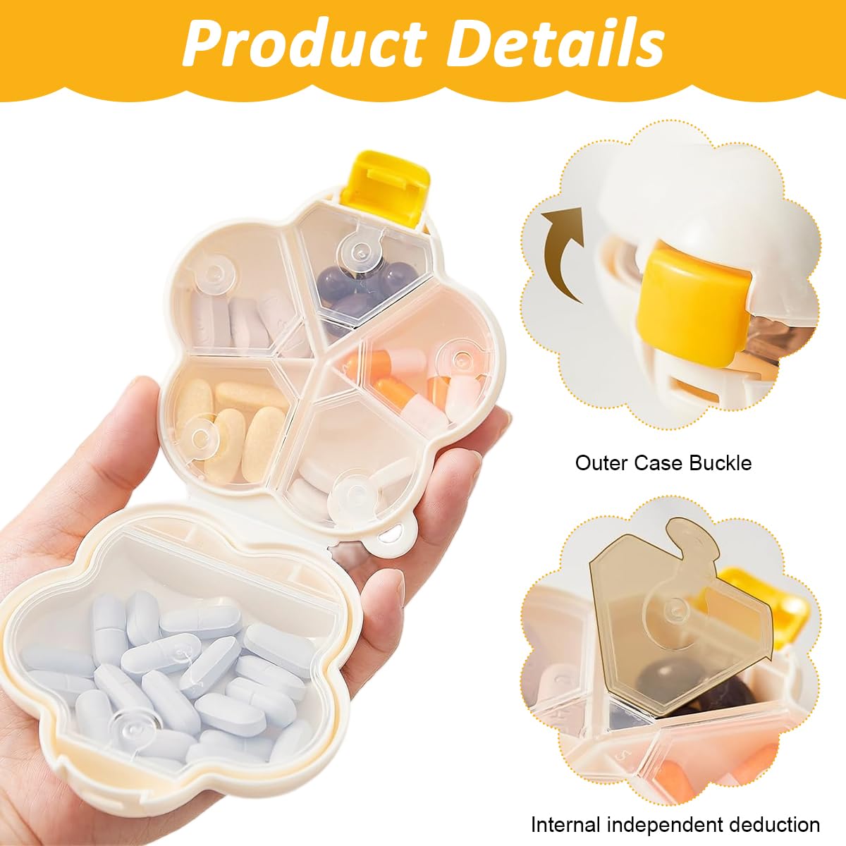 HANNEA Pill Organizer for Travel and Daily Use with 6 Compartments and Silicone Lanyard | Cream White Floral Design