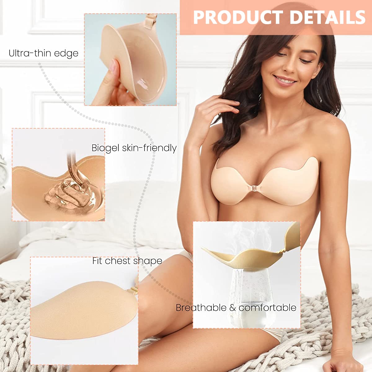 MAYCREATE® 1 Pair Silicone Wire Free Stick-On Bra Padded, Adhesive Bra Upgrad Sticky Invisible Backless Strapless Push Up Bras for Womens Sticky Bra Nipple, Apricot, D