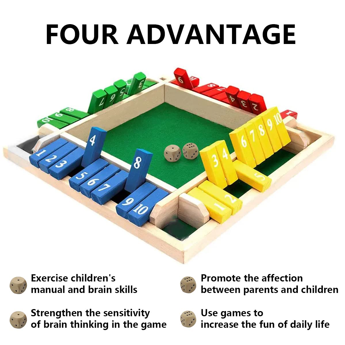 PATPAT Shut The Box Dice Game for 2–4 Players featuring 2 Dice and Wooden Board | Family Toy