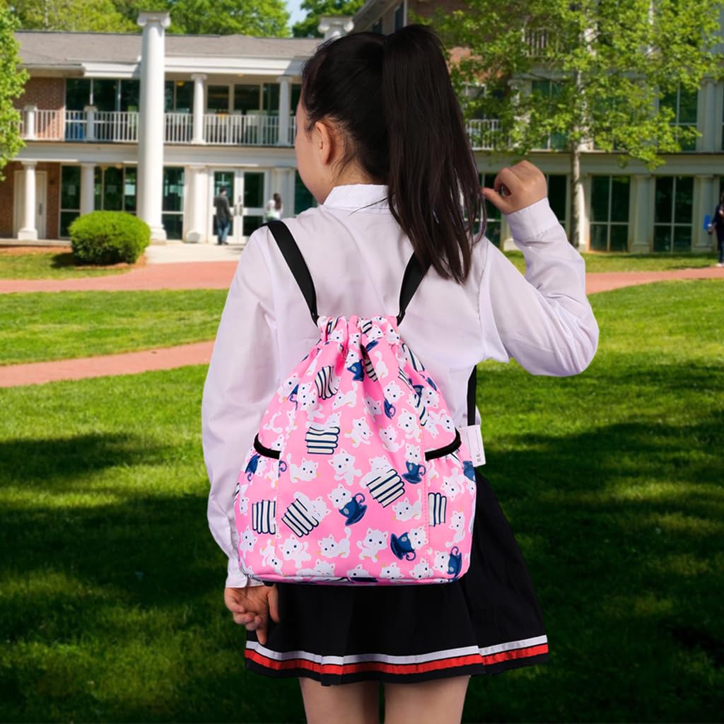 PALAY Drawstring Backpack for Kids with Adjustable Shoulder Strap and Pink Cartoon Print | 28x36cm Waterproof Nylon Bag