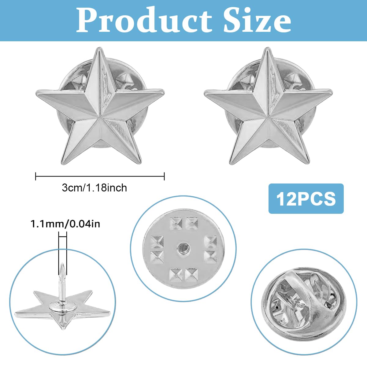SANNIDHI Star Badge Pins for Bags and Clothes with Pinback Design | 12PCS Silver Metal