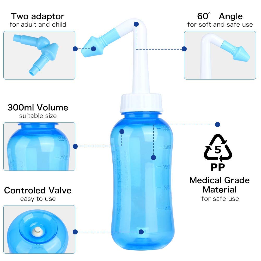 HANNEA  300 ML Neti Pots for Sinus Nose Wash Cleaner Pressure Rinse Nasal Irrigation BPA Free with 30 Nasal Wash Salt Packets and Sticker Jal Neti For Adults Children Nose Care