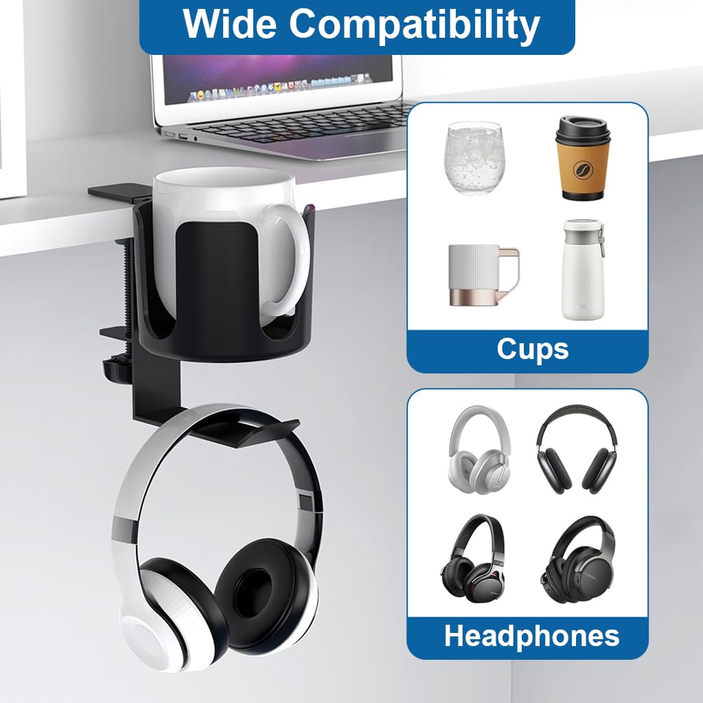 ZORBES 2-in-1 Metal Desk Cup and Headphone Holder for Home Office with Clamp Mount | Spill Proof Organizer Hook