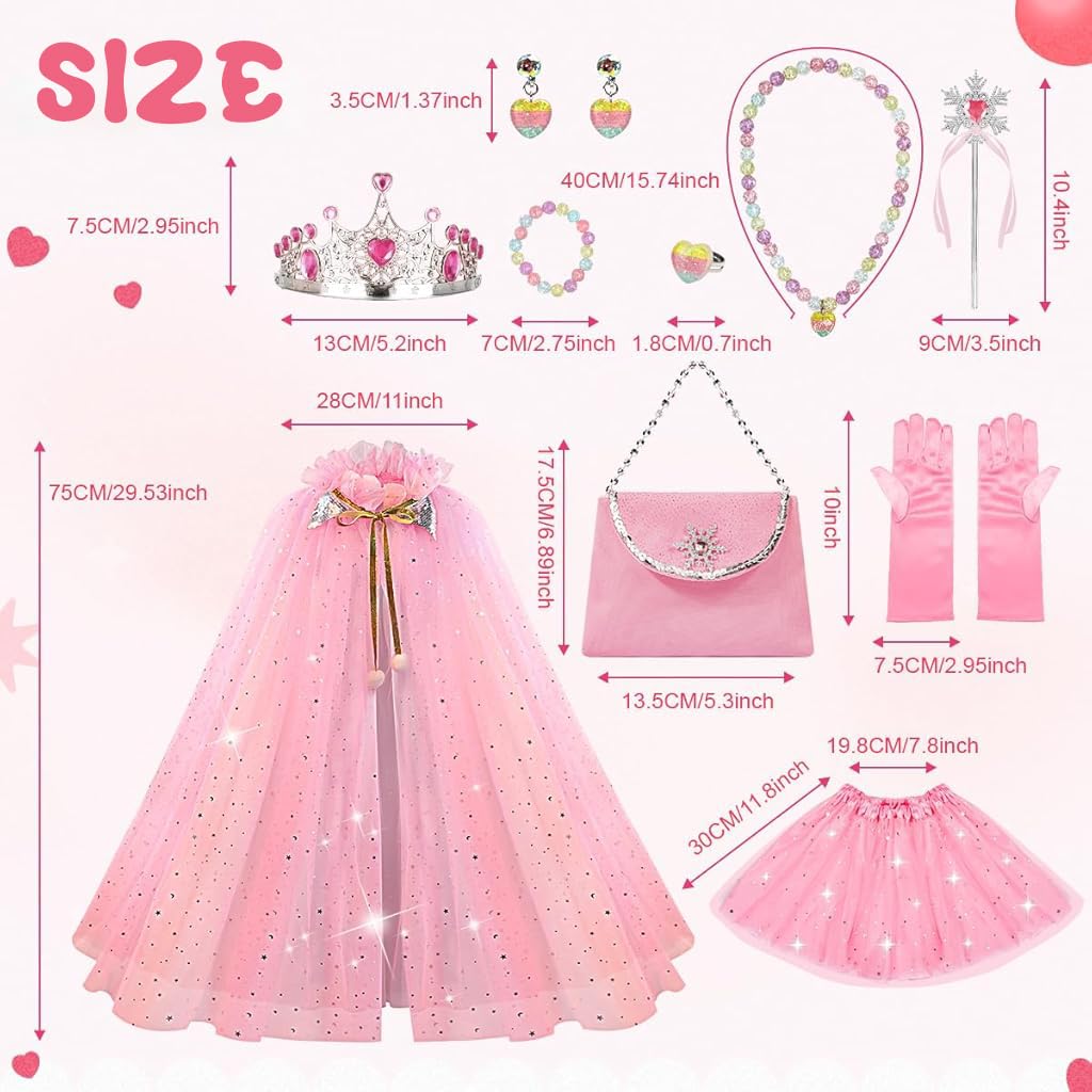 PATPAT® Princess Dress Up Costume for Girls Pink Dreamy Lace Cape Skirt with Beaded Jewelry, Fairy Wand, Gloves, Bag, Princess Cosplay Halloween Princess Dress Up Set Birthday Gift for 3-8 Years Old