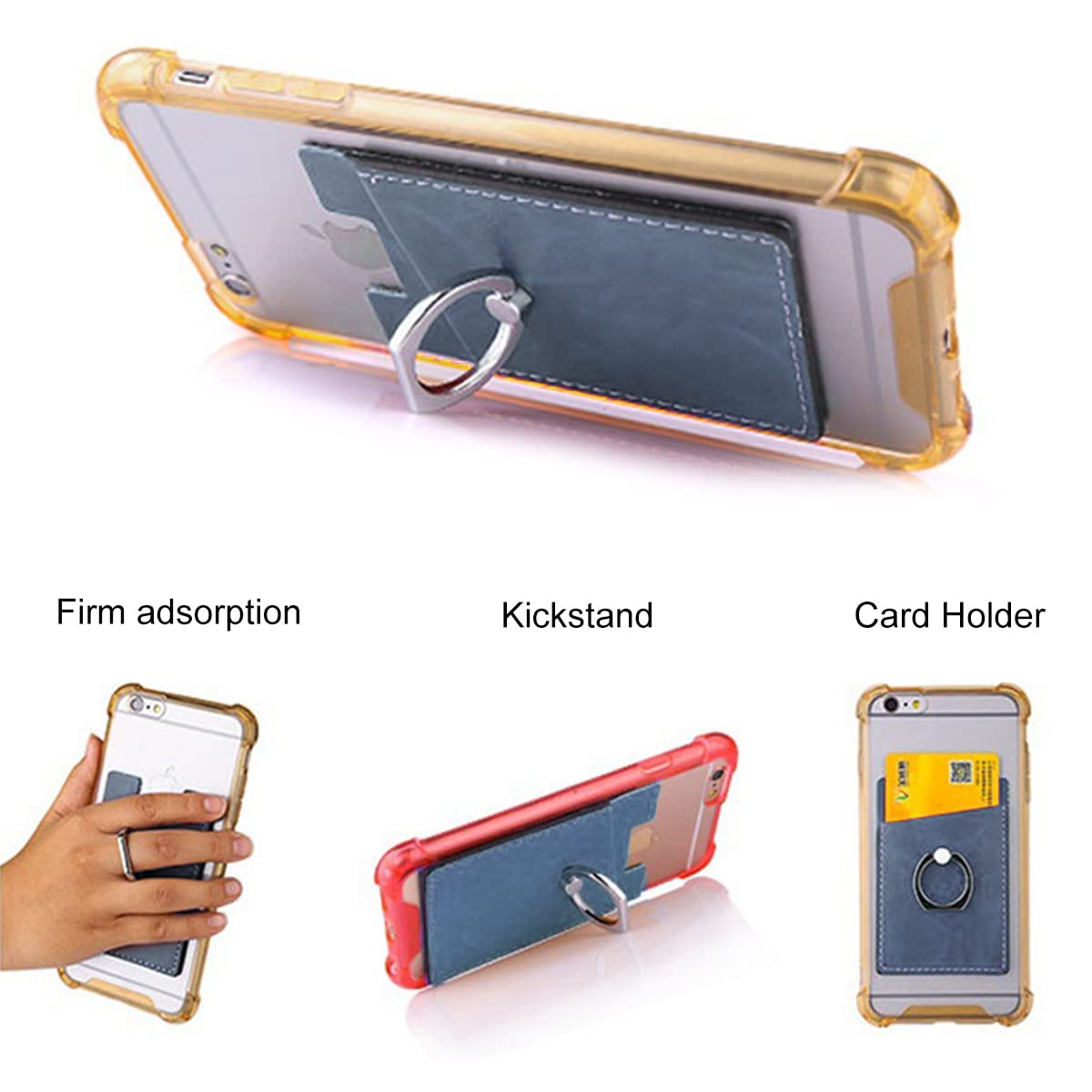 Verilux Phone Card Holder for Smartphones with 360° Rotatable Finger Ring | Blue PU Leather 10.3×6.1 cm