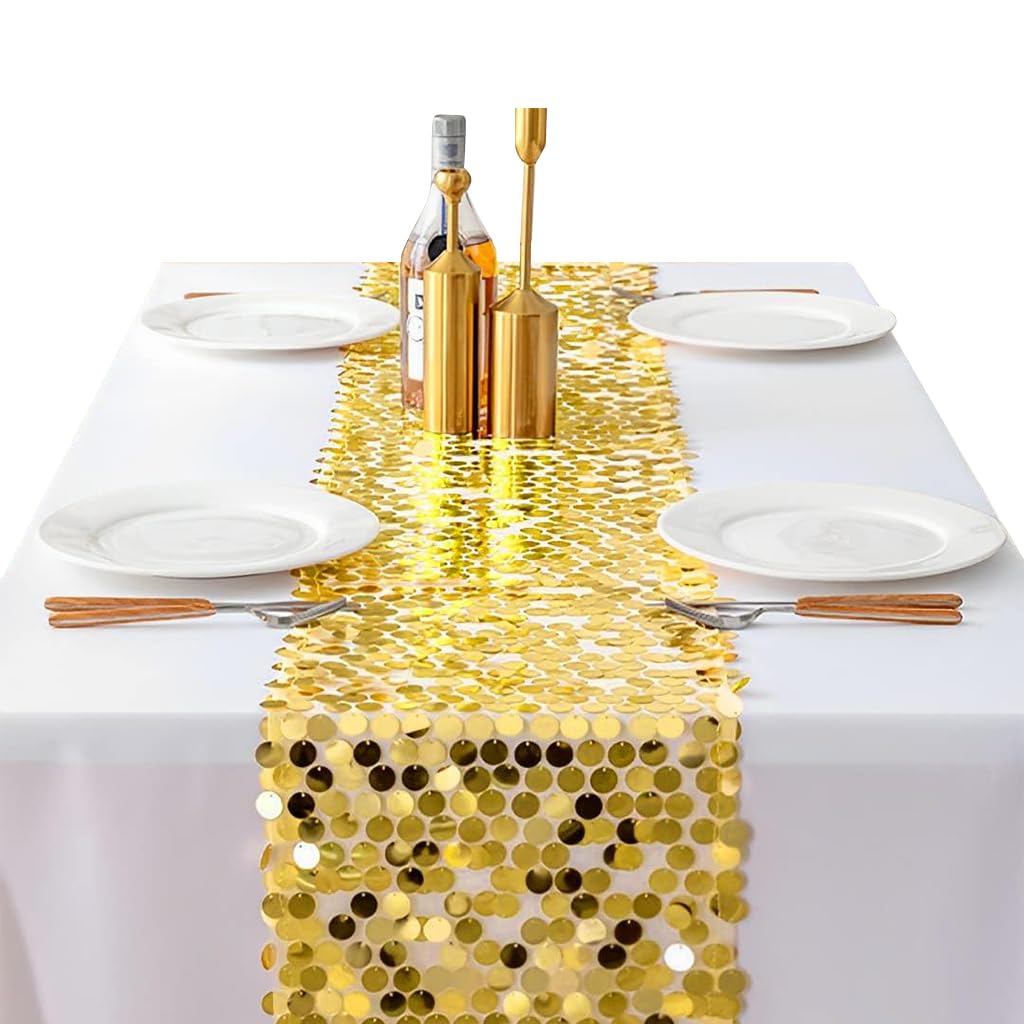 Supvox Gold Sequin Table Runner 12 x 108 in for Weddings and Parties | Polyester Glitter Decor