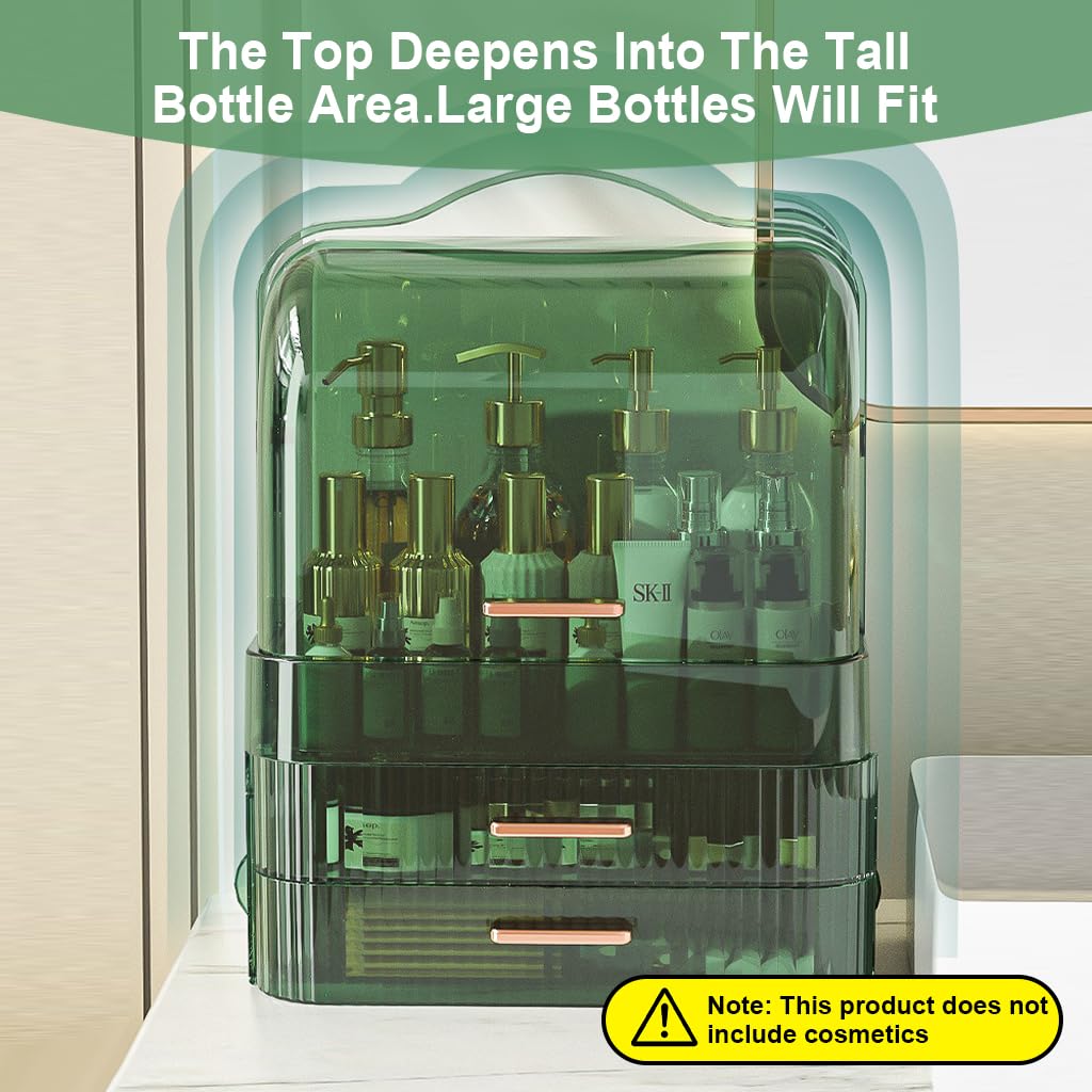 MAYCREATE Dressing Table Organizer for Cosmetics with 34.7x26.5x18.2cm Drawers and Flip-Up Lid | Green Plastic Design