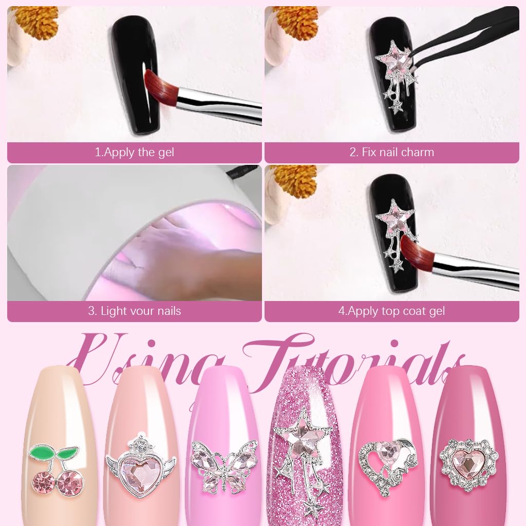 MAYCREATE Nail Charms Set for DIY Art with 24 Alloy 3D Designs and Pink Rhinestones | Kawaii Gems