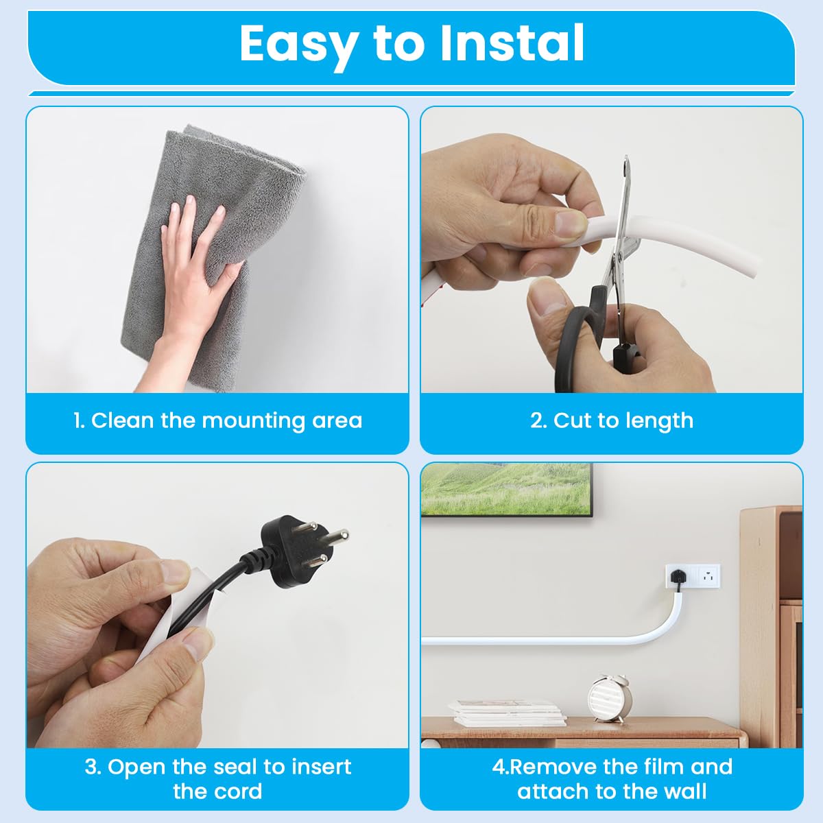 Serplex Ethernet Cable Hider for Single Cord Management featuring Self Adhesive Backing 6.6ft PVC Cover | White