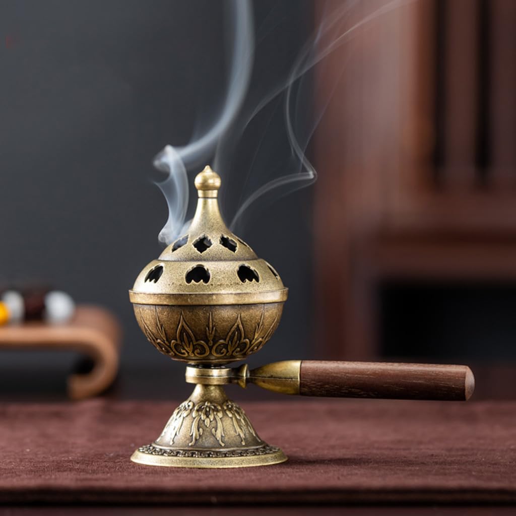 HASTHIP Incense Burner for Meditation with Swivel Bowl and Wooden Handle | Retro Alloy Decor
