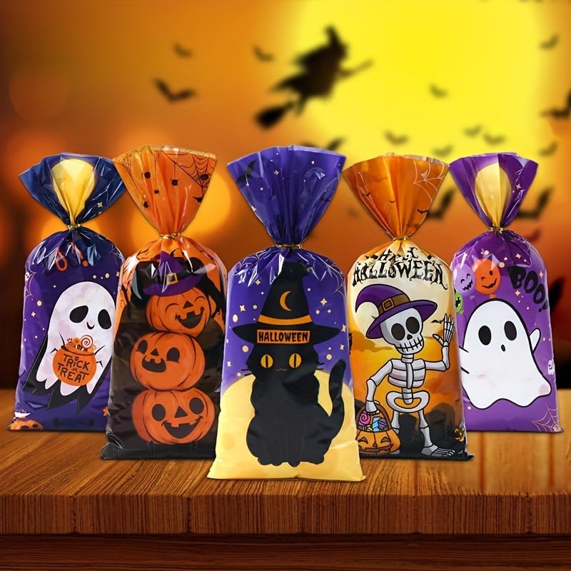 HASTHIP Halloween Goodie Bags for Party Treats 50 Pack 4.9x10.7 in with Golden Twist Ties