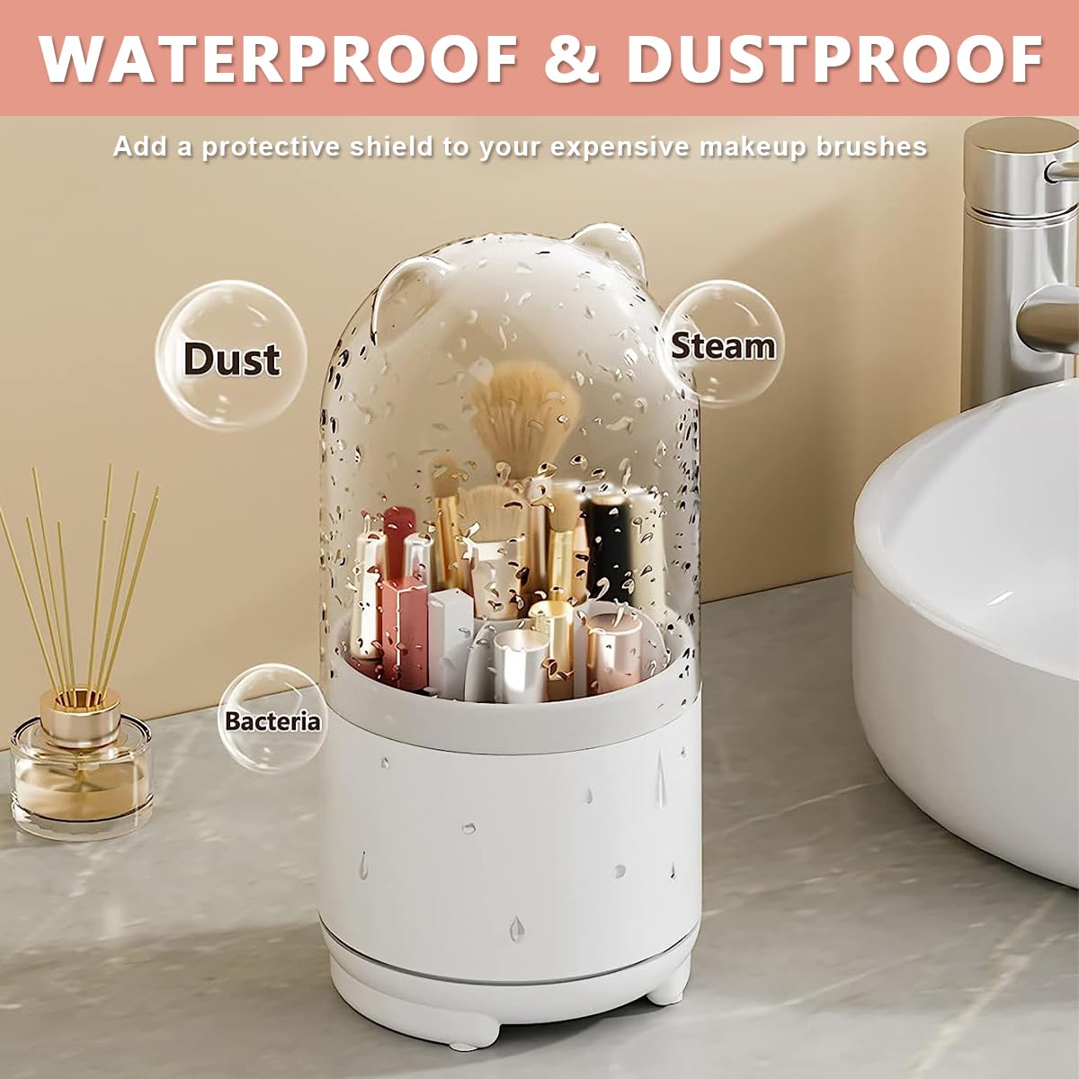 MAYCREATE Makeup Brush Holder Organizer for Vanity with 5 Compartments and 360° Rotating Clear Lid | Dustproof Plastic Storage Stand