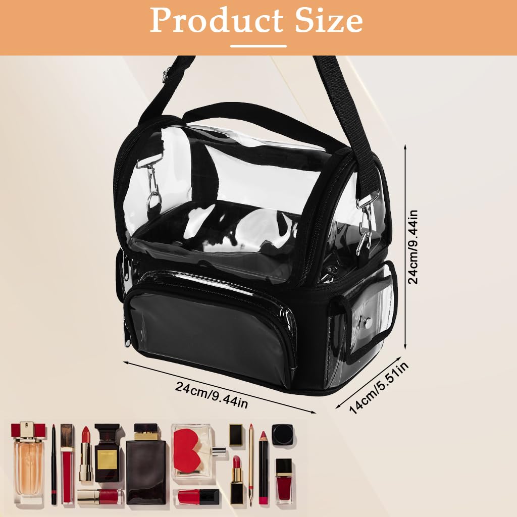 Zibuyu Clear Waterproof Makeup Organizer Bag for Travel with Adjustable Dividers 24x24x14cm | Transparent PVC Case with Handle and Shoulder Strap