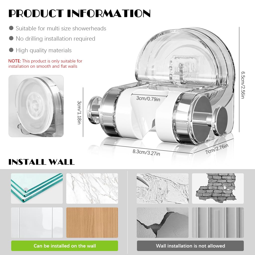 HASTHIP Shower Head Holder for Bathroom with Strong Suction Cup and Adjustable Angle | Transparent Wall Mount with Side Hook