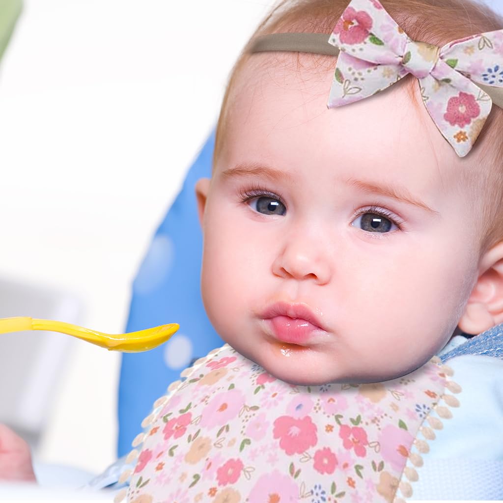 SNOWIE SOFT Feeding Bib Set Flower Print Baby Girls Cloth Drooling Bib with 2Pcs Bow Hairband Hair Bands Tie Back Saliva Bib Baby Bib Washable Bib Baby Bibs for 6 to 12 Months Baby Feeding Products