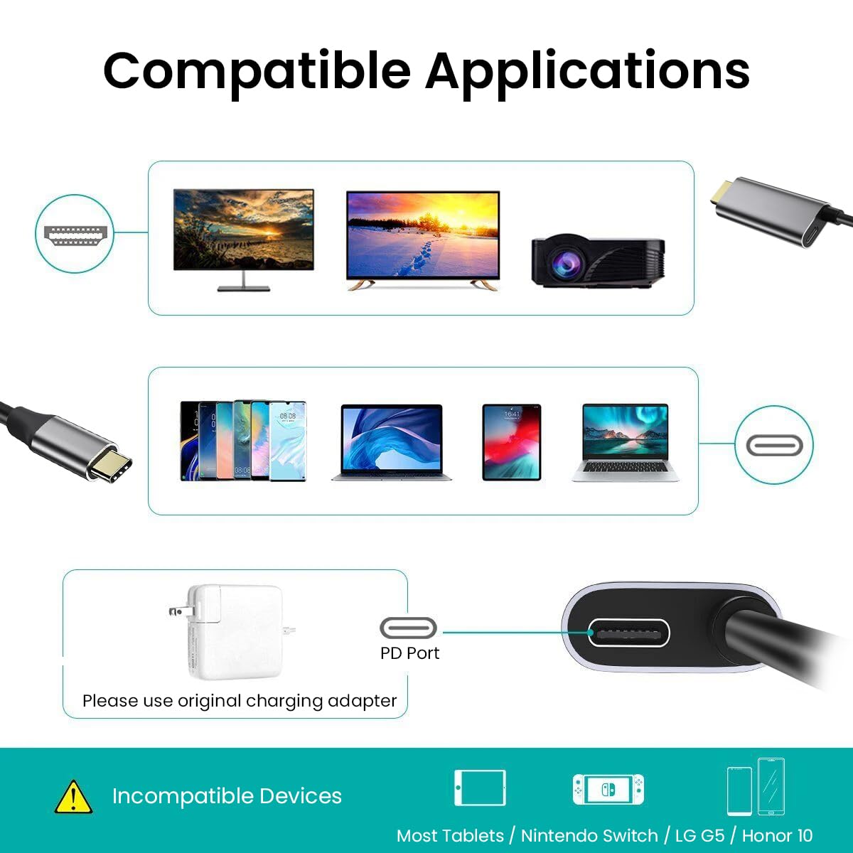 Verilux HDMI to Type C Cable 6 ft for MacBook Pro and iPad Pro with PD 60W Charging | Sleek Alloy Housing Design