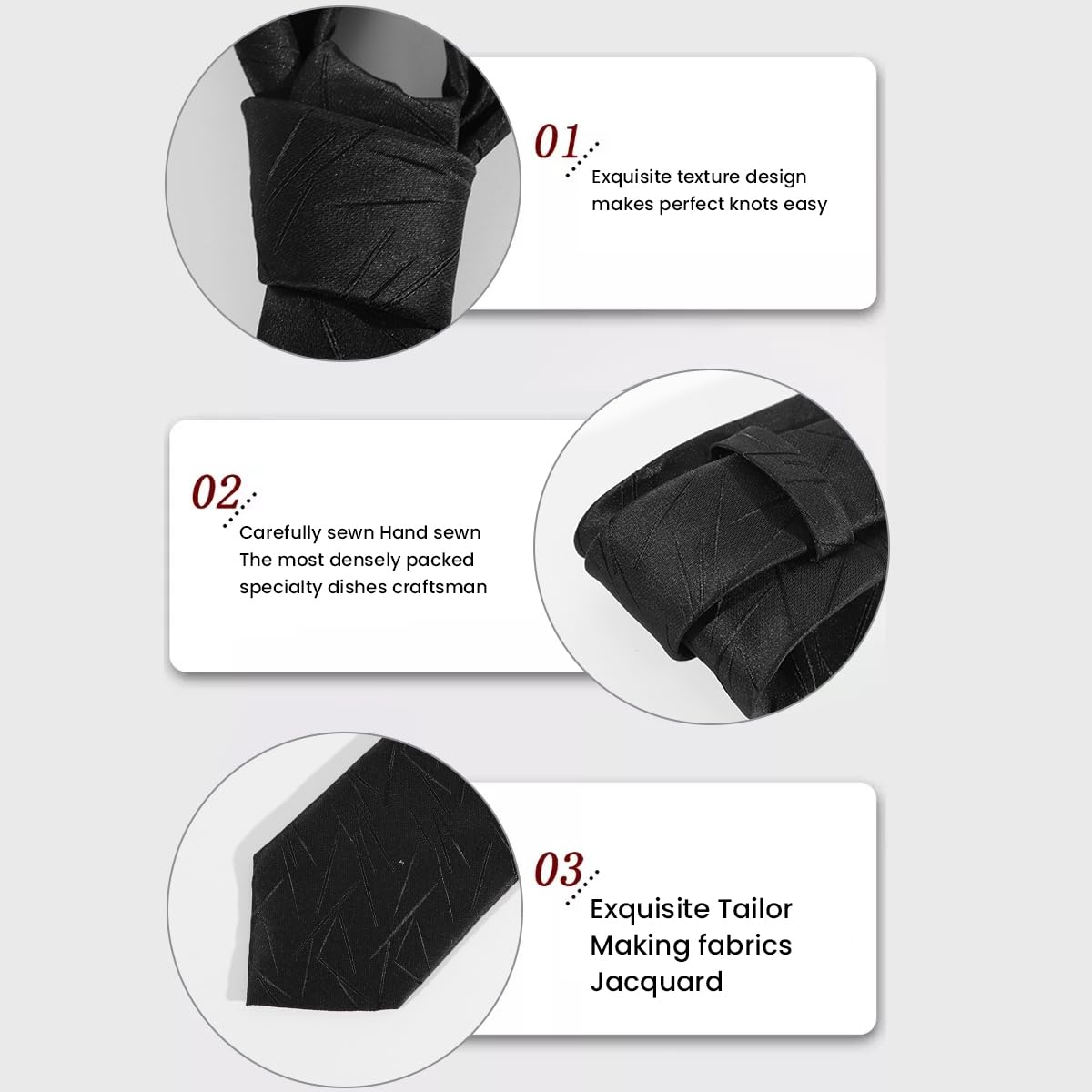GUSTAVE Tie for Men Set with Pocket Square Cufflinks and Tie Clip in Black | Formal and Casual Gift