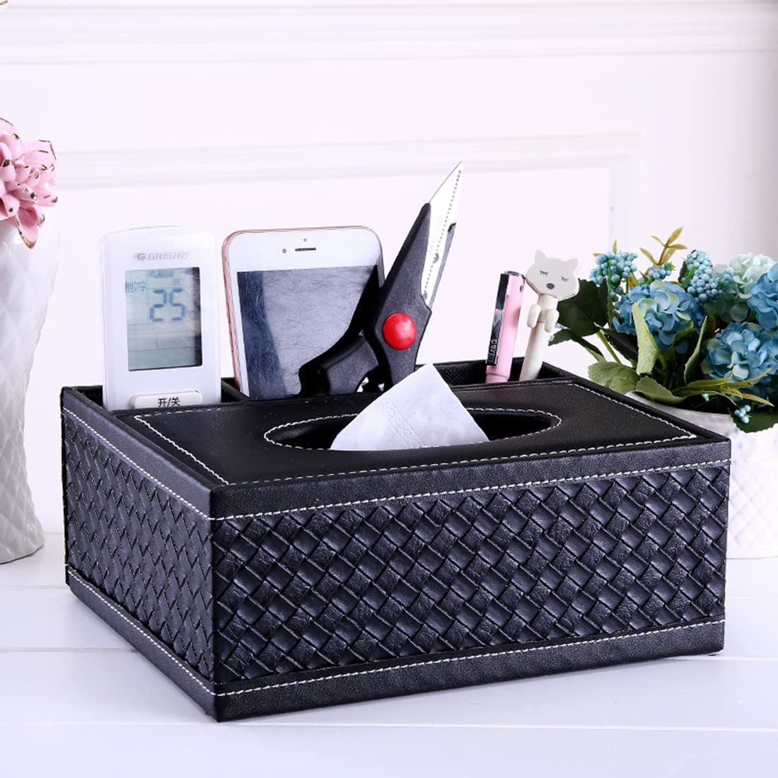 ZIBUYU® Table Organizer for Home PU Leather Tissue Box Holder Paper Napkin Box Multi-Grid Storage Box Side Three Compartments with Tissue Holder for Home and Office Desk Organizer - 1