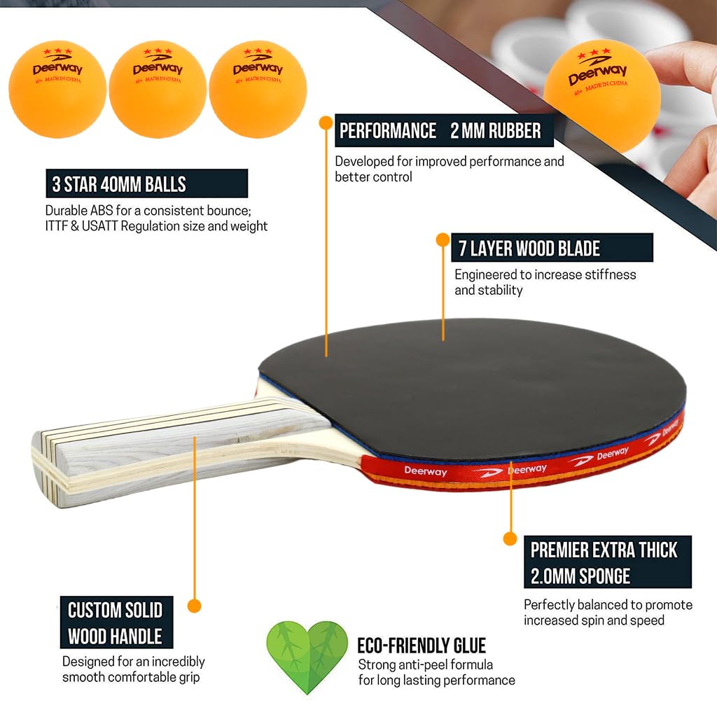 Proberos Table Tennis Racket Set with 7 Layer Wood Handle and 3 Balls | Storage Bag