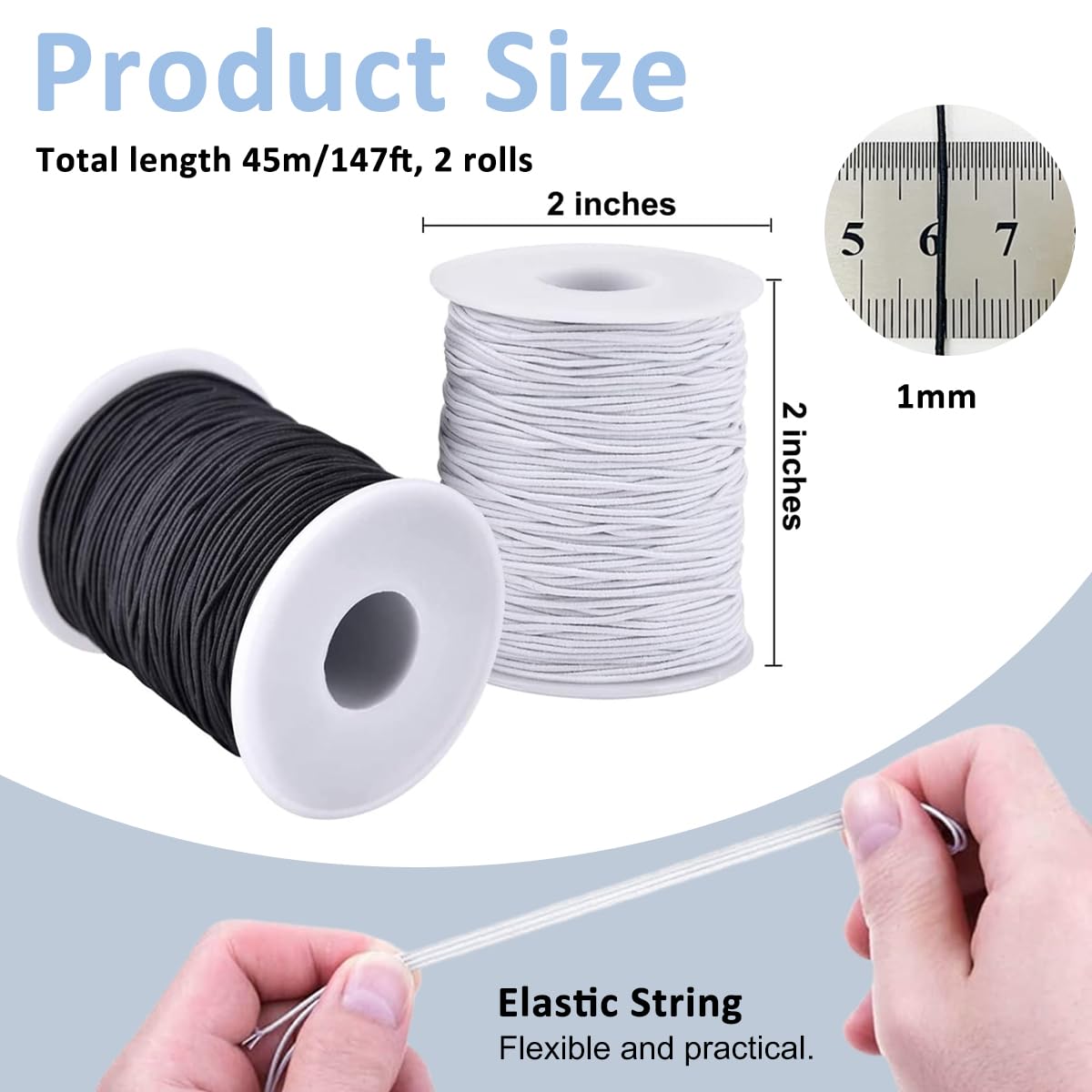HASTHIP 40m/131ft Elastic String for Bracelets Making Black & White Breading String Cord 1mm Thickness Stretchy Elastic Cord for DIY Crafting, Jewelry Making, Necklaces, Beading, 2 Roll