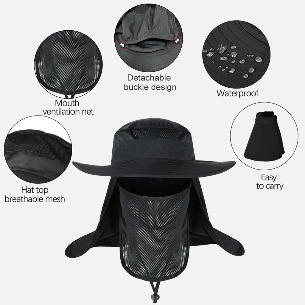 GUSTAVE Hat Cap for Men with 7 in Wide Brim and Detachable Neck Flap | UV Sun Protection for Hiking