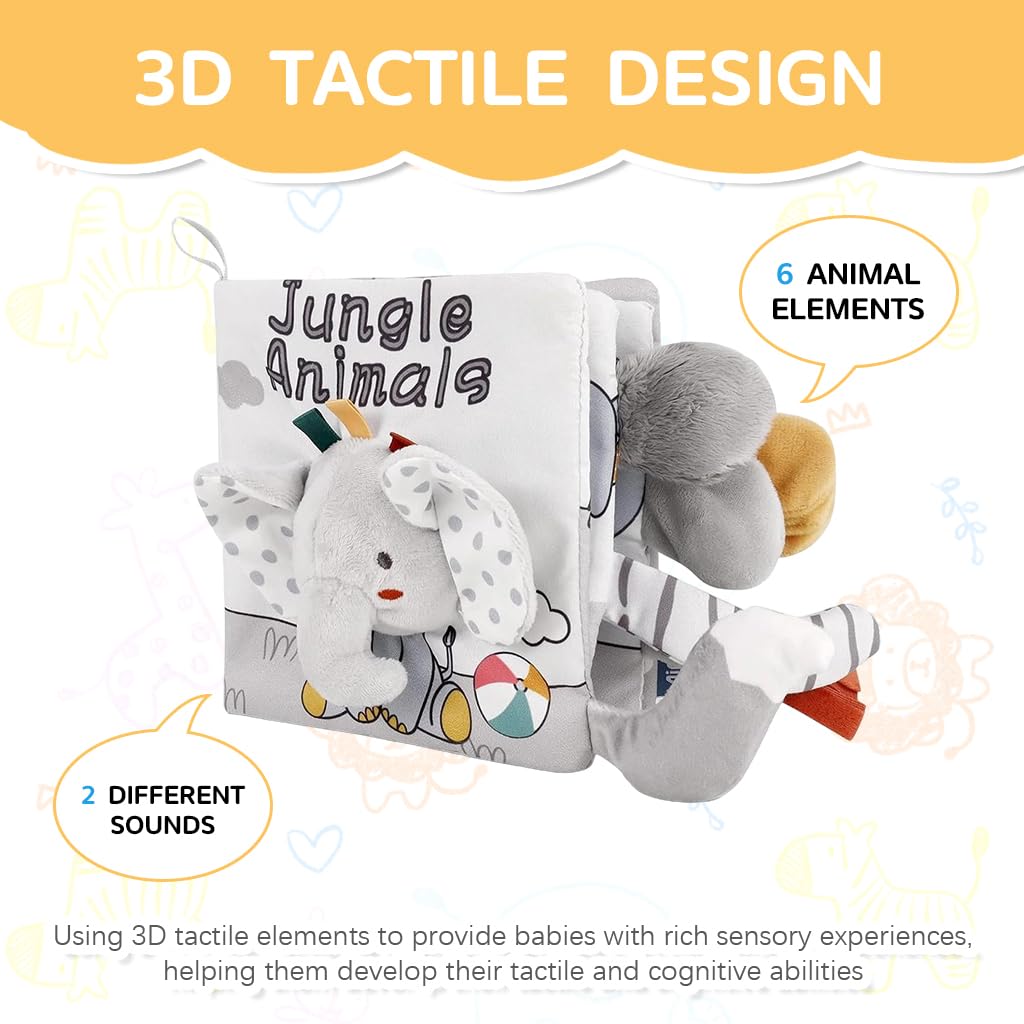 SNOWIE SOFT Elephant Baby Books for Early Learning with 3D Tails & 3 PCS Fabric Set | Sensory Toy