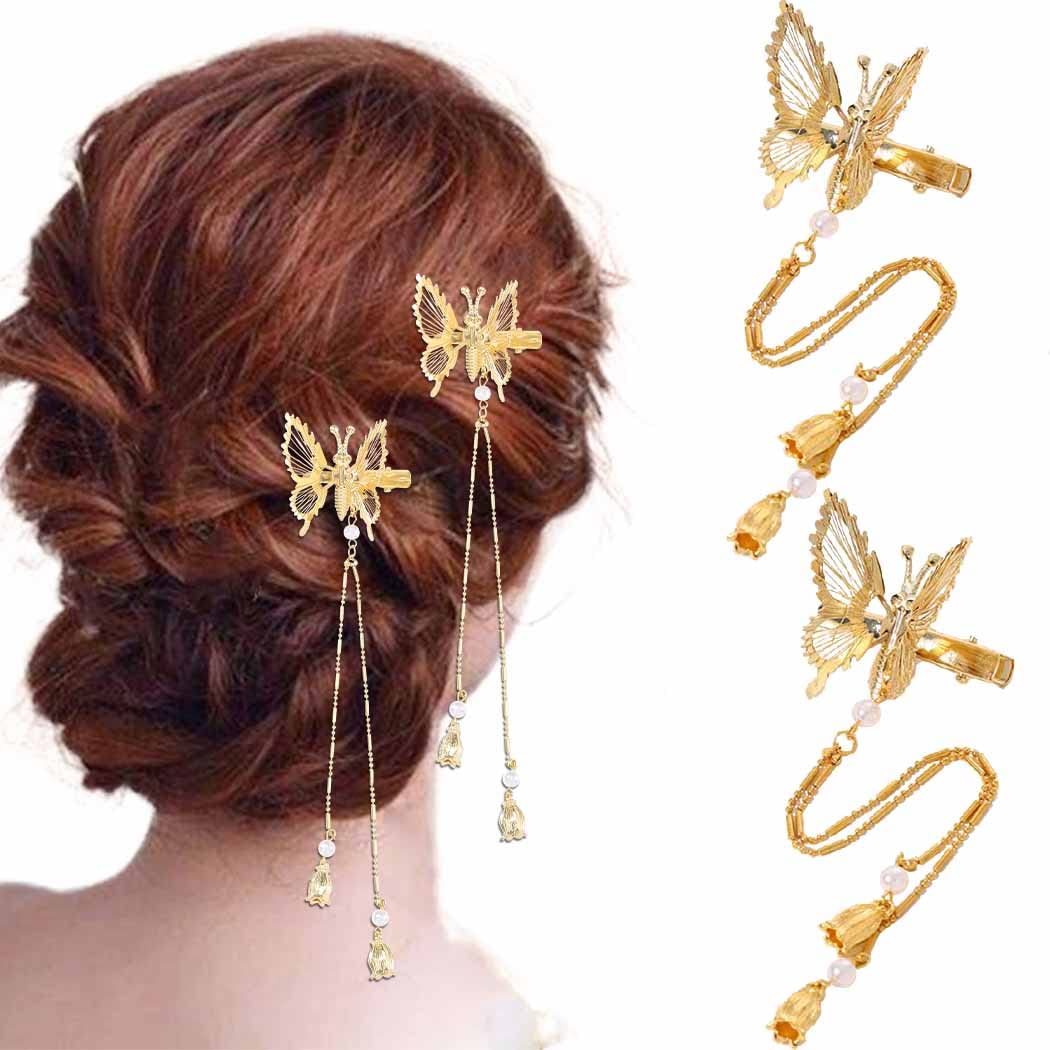 SANNIDHI Metal Butterfly Hair Clips for Girls with Tassel and Faux Pearl Design | 2 Pack Gold