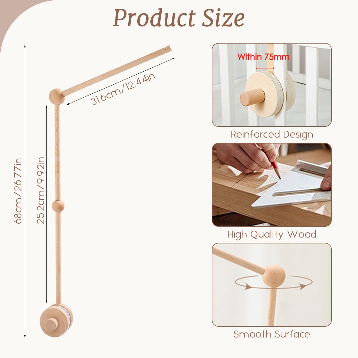 SNOWIE SOFT Wooden Crib Mobile Arm with 360° Rotatable Holder and Screw-Fix Base | Natural Wood Finish for Nursery