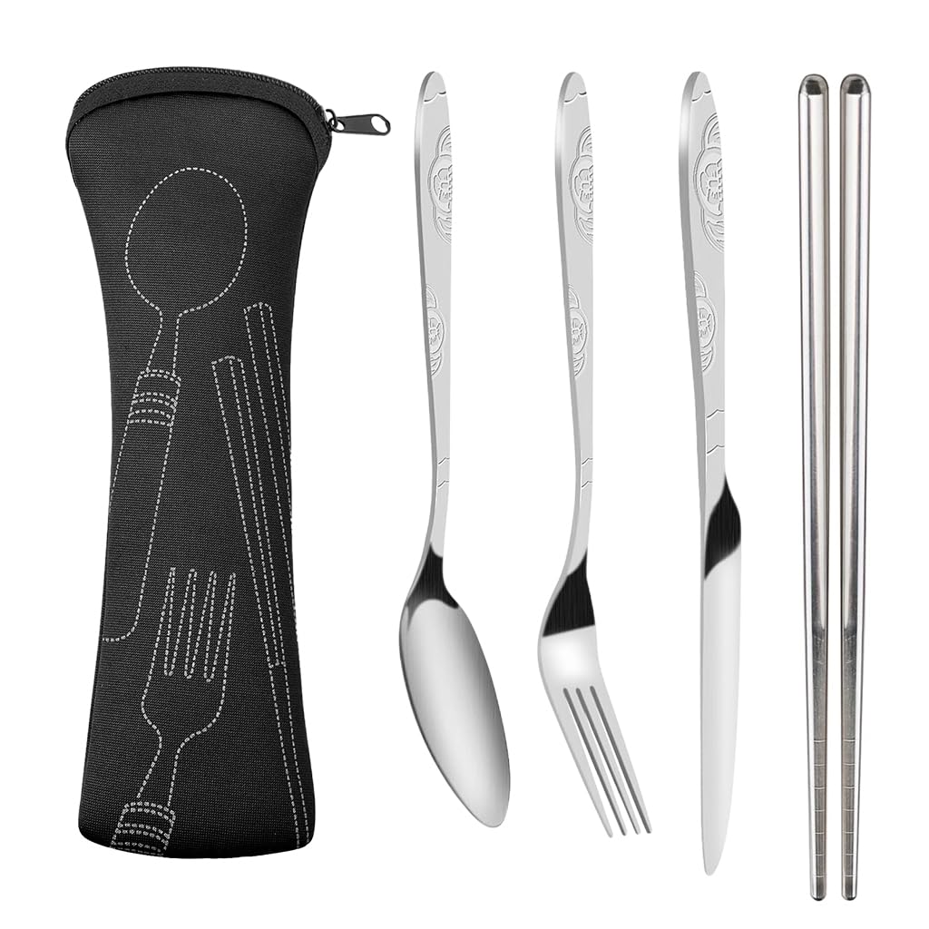 ZIBUYU® 4 Pieces Flatware Sets Knife, Fork, Spoon, Chopsticks, Rustproof Stainless Steel Tableware Dinnerware with Carrying Case for Traveling Camping Picnic Working Hiking