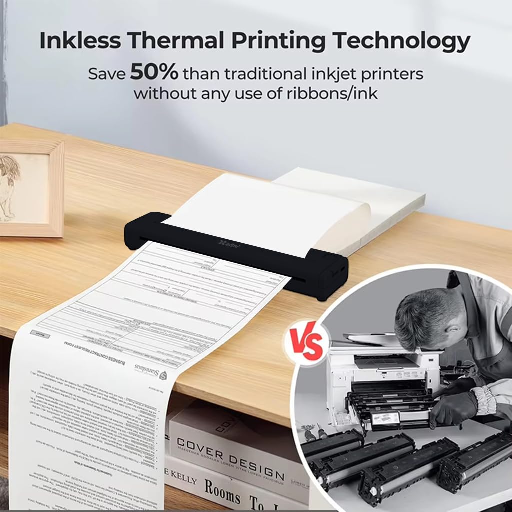 Zeitel Wireless Bluetooth Printer A4 Size for Home and Travel with 50 Sheets | Inkless Printing